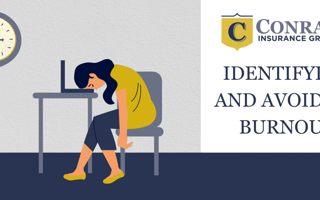 Illustrated woman sitting with head on computer at desk. Words say, "Identifying and avoiding burnout." Wichita employee benefits