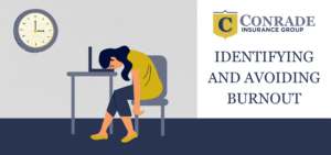 Illustrated woman sitting with head on computer at desk. Words say, "Identifying and avoiding burnout." Wichita employee benefits